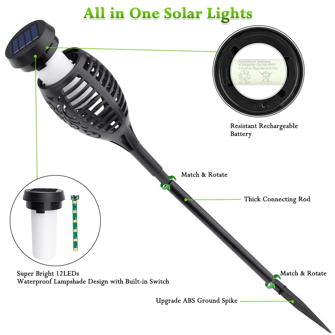 LNRYY package includes six torches, poles, and spikes for quick setup.