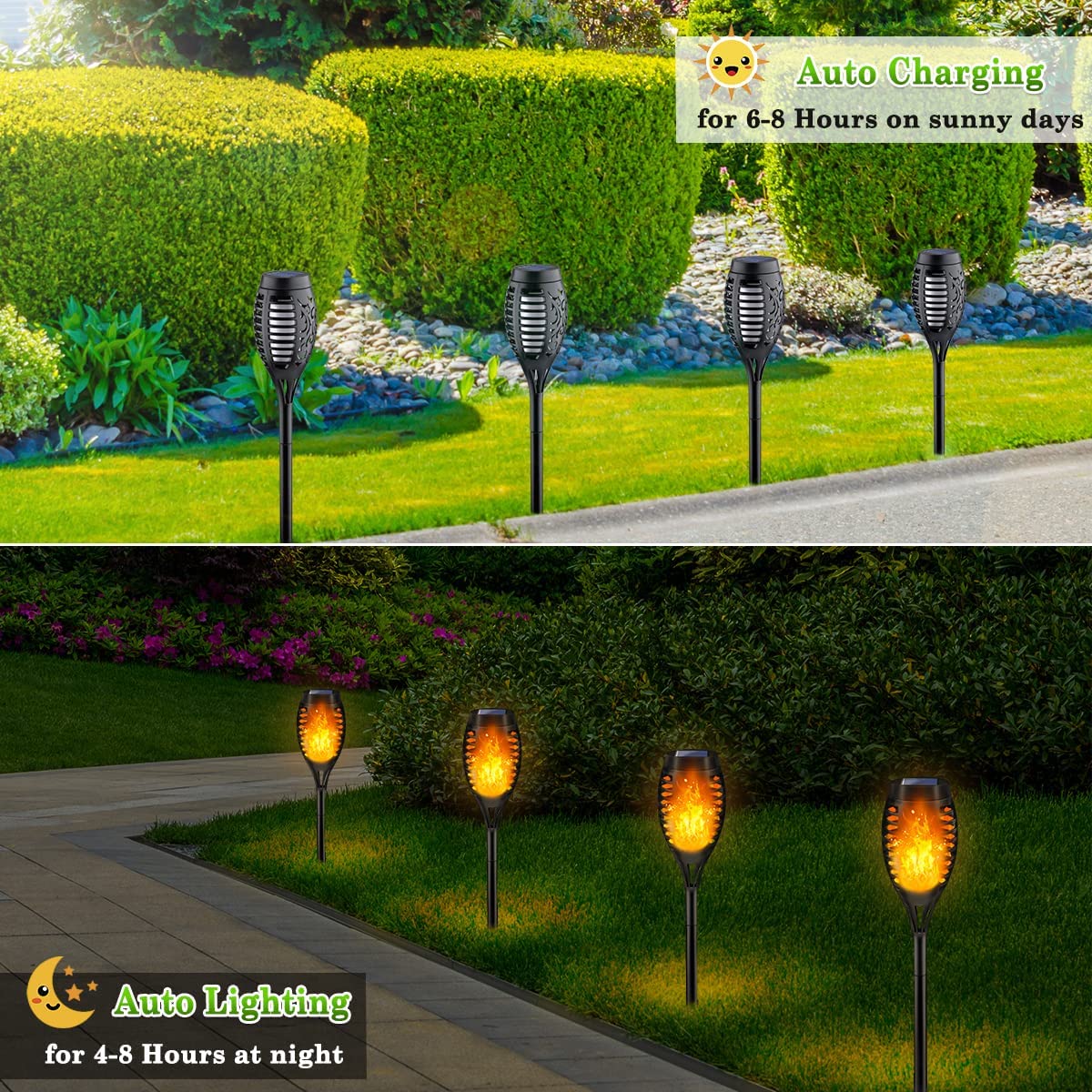 LNRYY solar torch lights installed along a pathway create safe, inviting nighttime stroll.