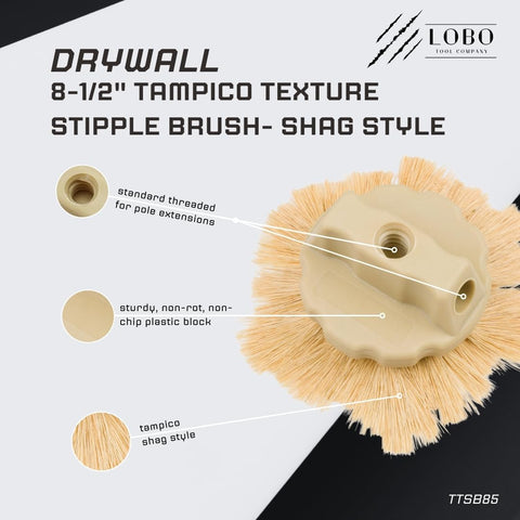 Lobo Tools ceiling texture demo on a drywall surface.