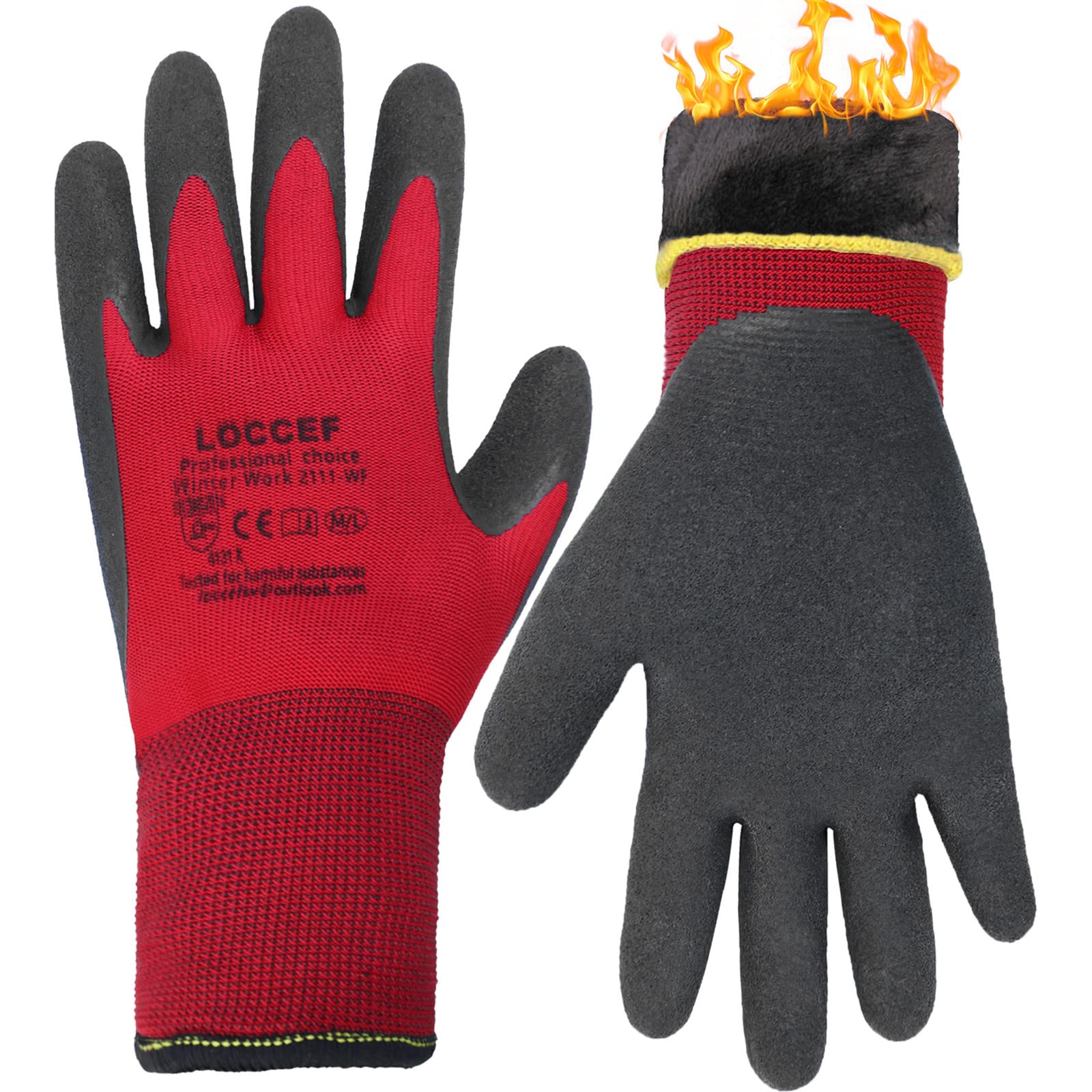 LOCCEF winter work gloves with outer nylon and inner fleece for warmth and flexibility.