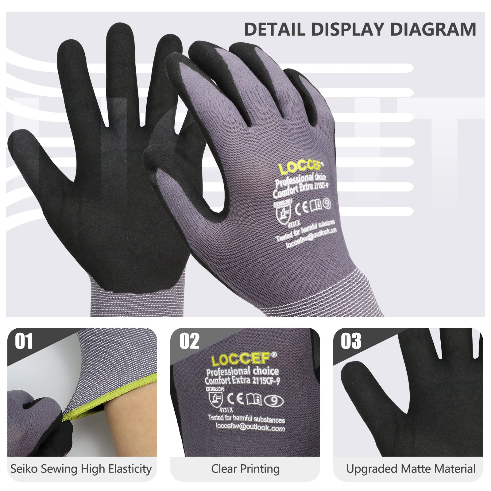 LOCCEF work gloves 3D snug fit for precise finger dexterity.