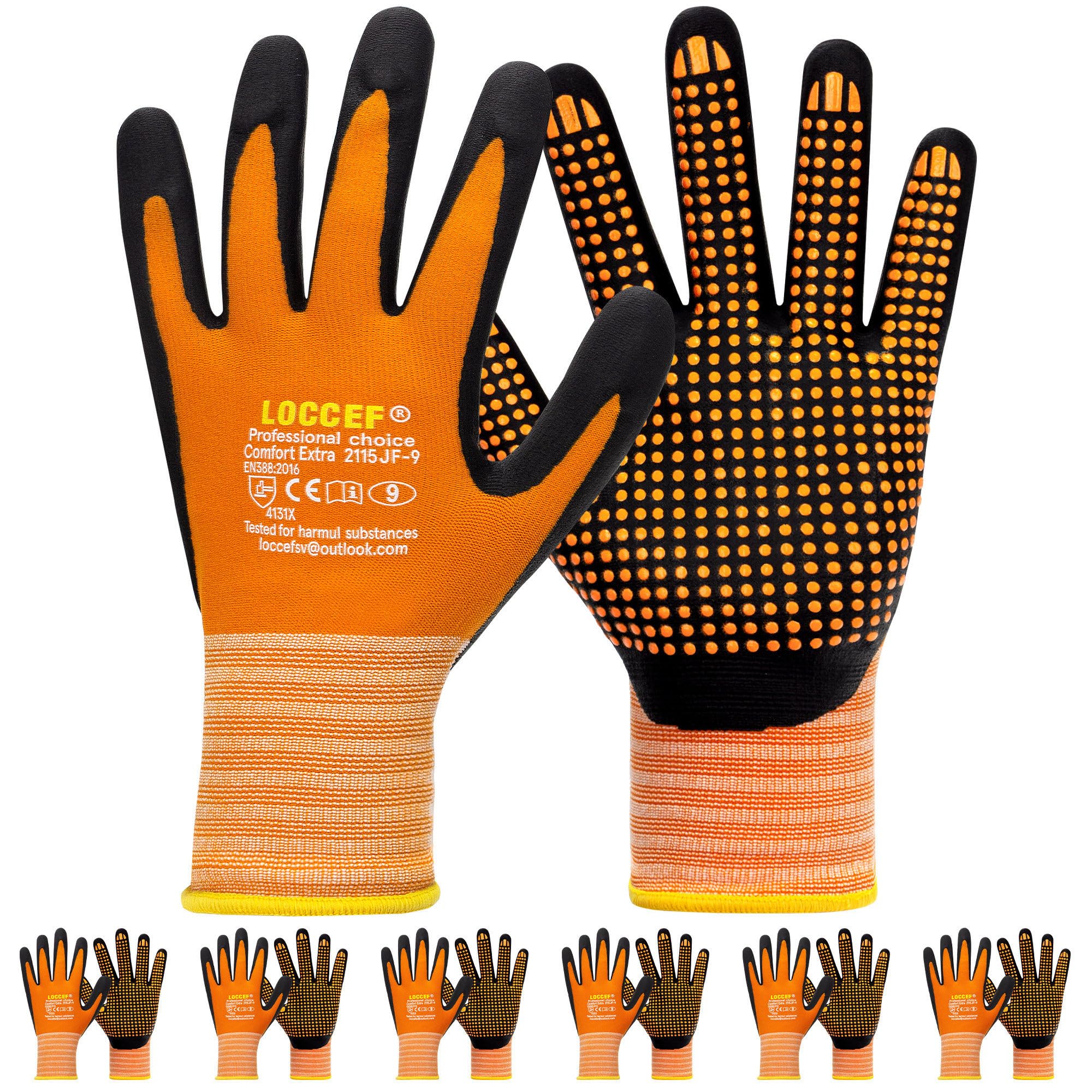 Loccef work gloves with microfoam nitrile coating and orange side view for secure grip.