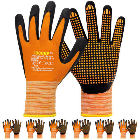 Loccef work gloves with microfoam nitrile coating and orange side view for secure grip.
