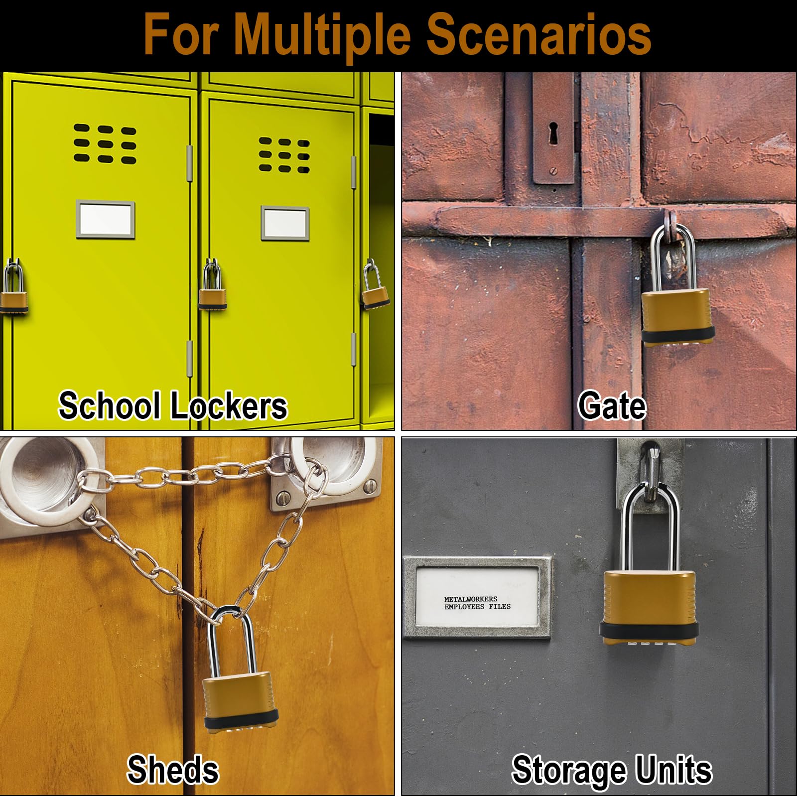 Locilot padlock protecting storage unit and fence gate entries.