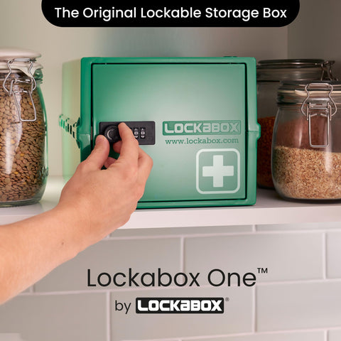 Lockabox One front view highlights discreet, lockable medicine storage.
