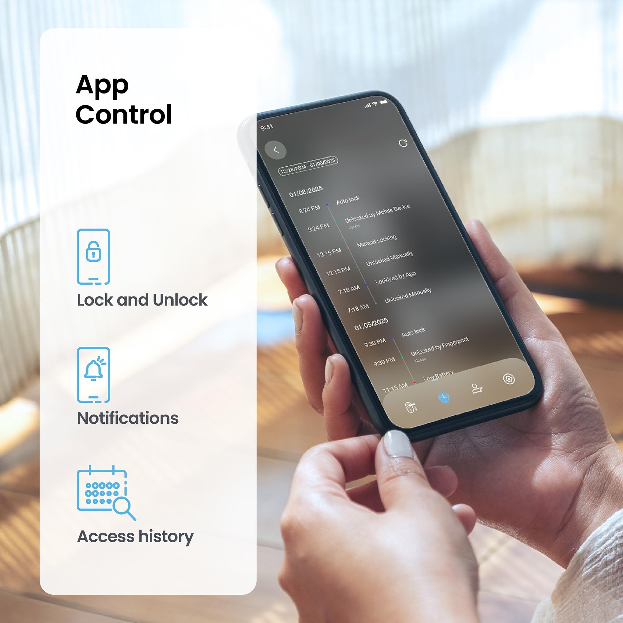 Lockly app control for remote access and door status monitoring.