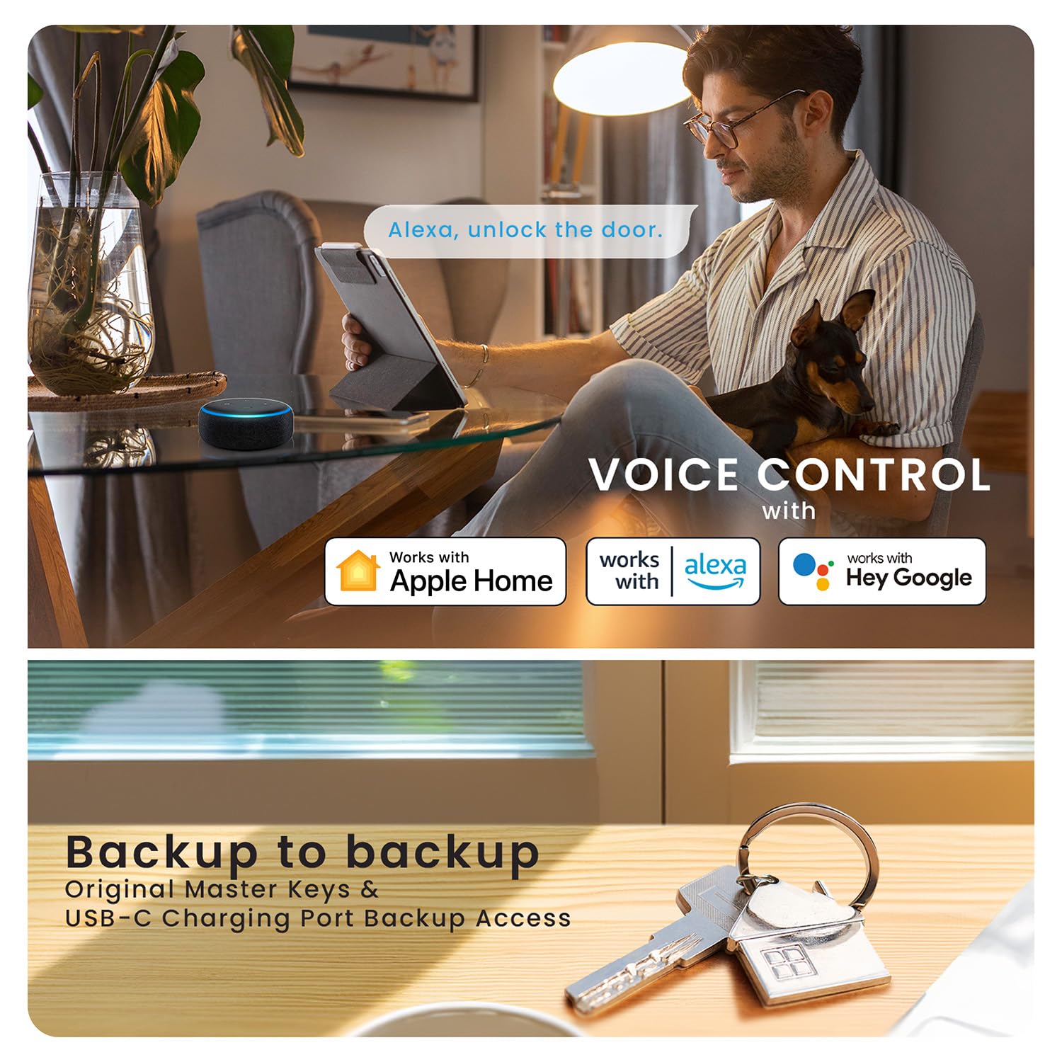 Lockly Visage Zeno keypad and physical key offer backup entry methods.