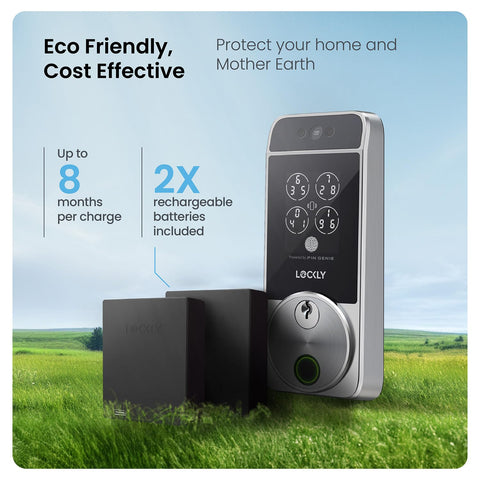 Lockly Visage Zeno uses rechargeable batteries for long life between charges.