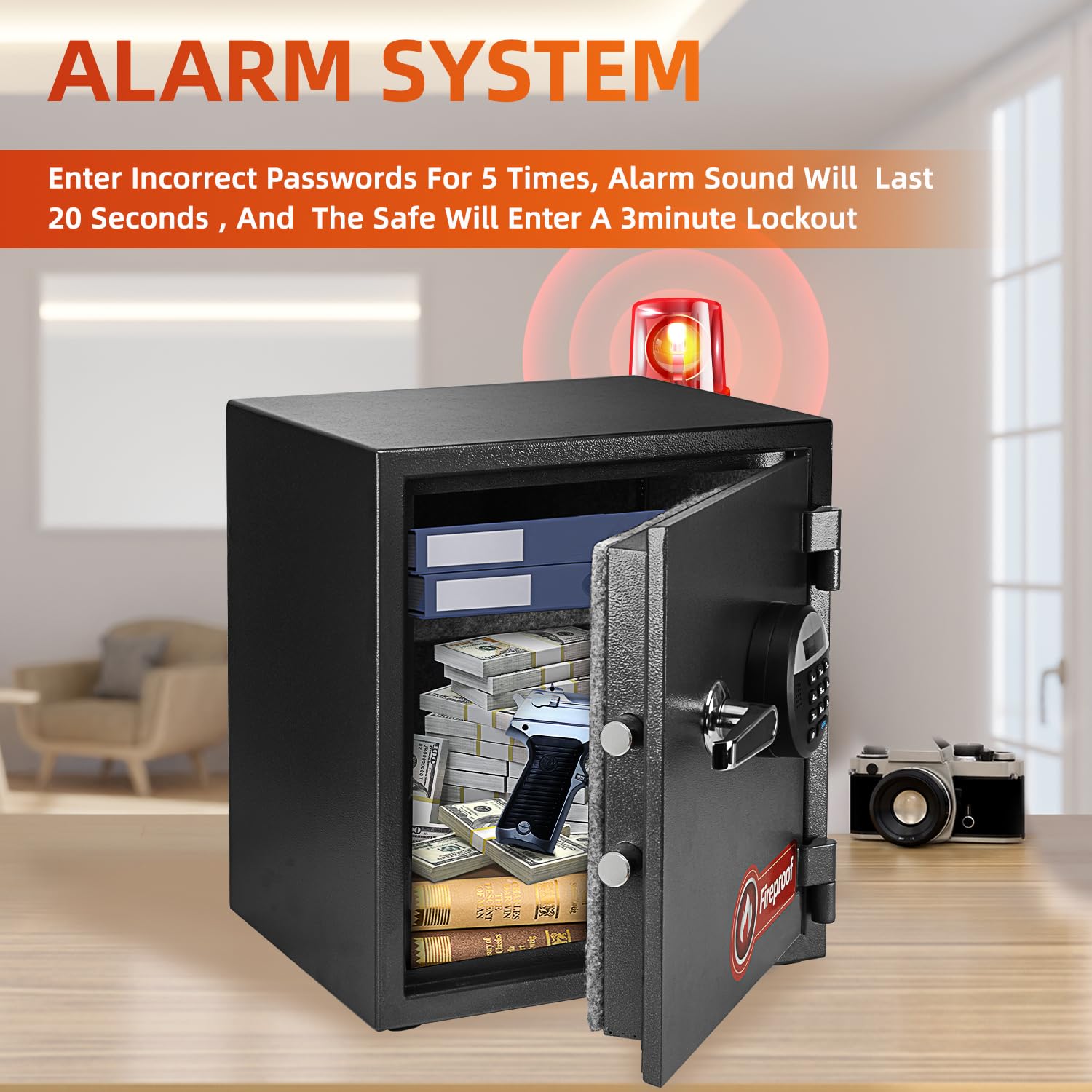 Locksworth alarm panel highlighting password keypad and backup key features.