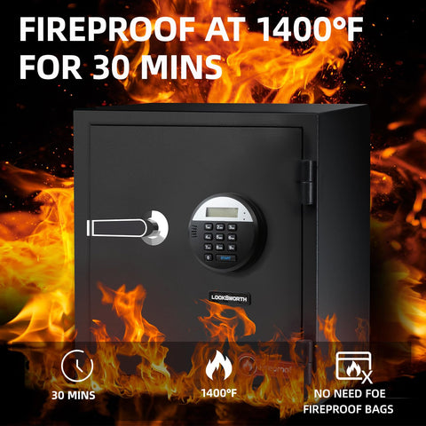 Locksworth fireproof safe door open at 240-degree angle for easy access.
