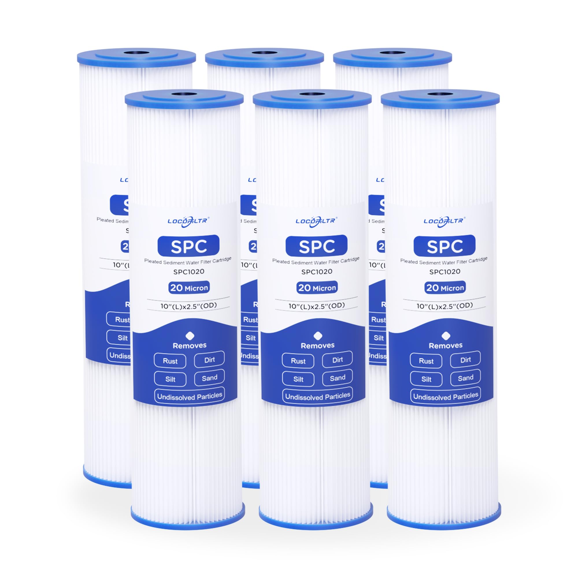 Locofiltr 20-micron pleated sediment filter in pack of six for 10x2.5-inch housings.