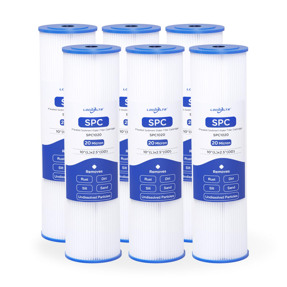 Locofiltr 20-micron pleated sediment filter in pack of six for 10x2.5-inch housings.