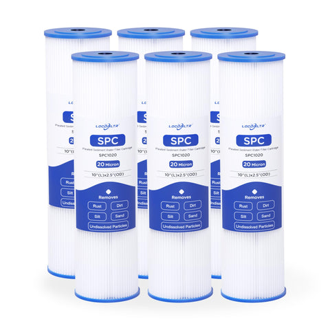 Locofiltr 20-micron pleated sediment filter in pack of six for 10x2.5-inch housings.