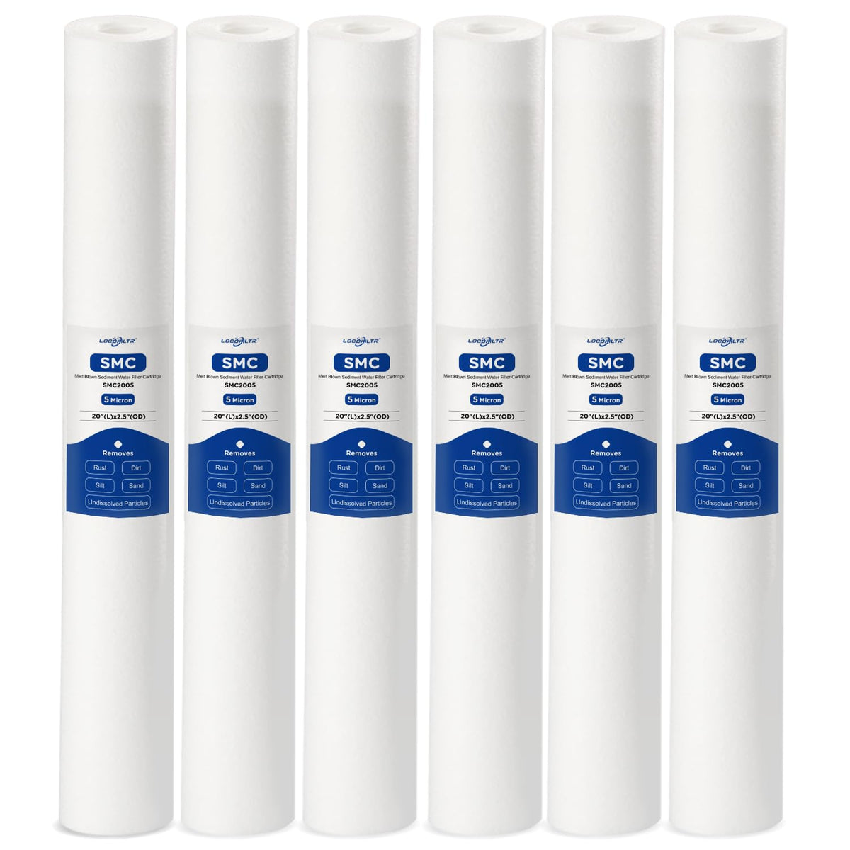 Locofiltr 5-micron sediment filter capturing dirt in a 20x2.5 in housing