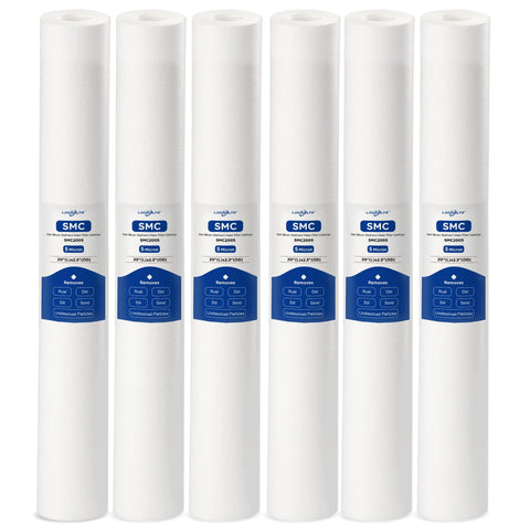 Locofiltr 5-micron sediment filter capturing dirt in a 20x2.5 in housing