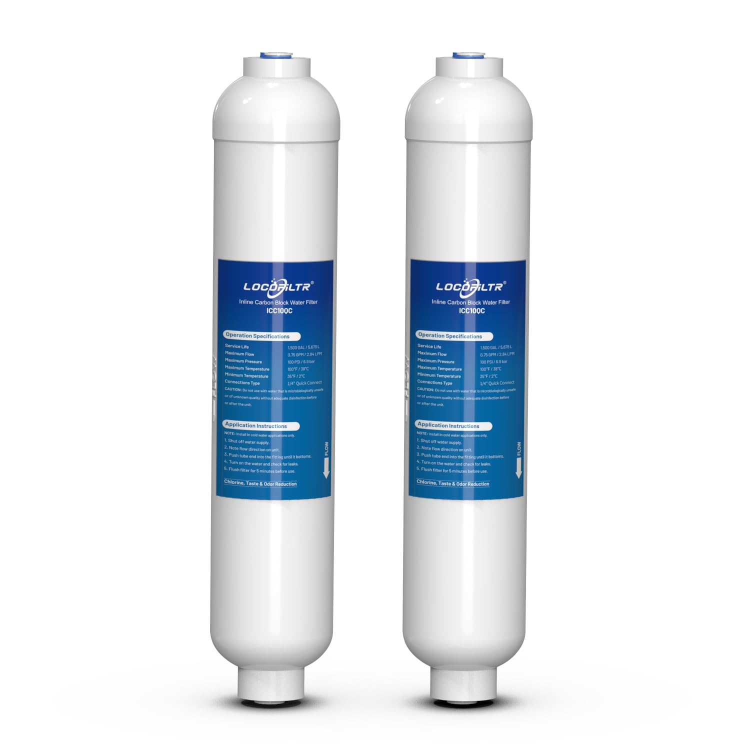 Locofiltr inline carbon filter with push-fit quick-connect for easy installation and taste improvement