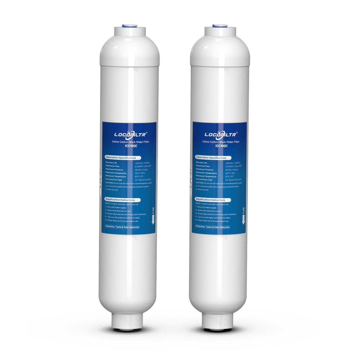 Locofiltr inline carbon filter with push-fit quick-connect for easy installation and taste improvement