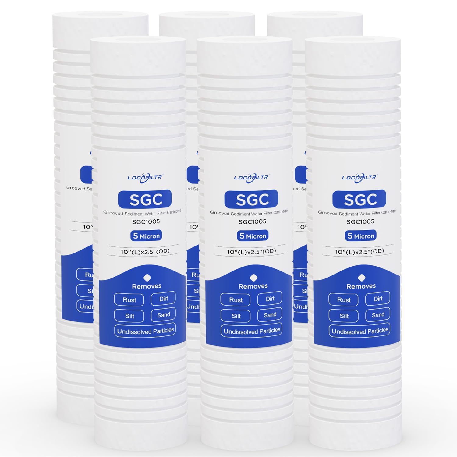 Locofiltr SGC1005 grooved 5 micron sediment cartridge for whole-house filtration.