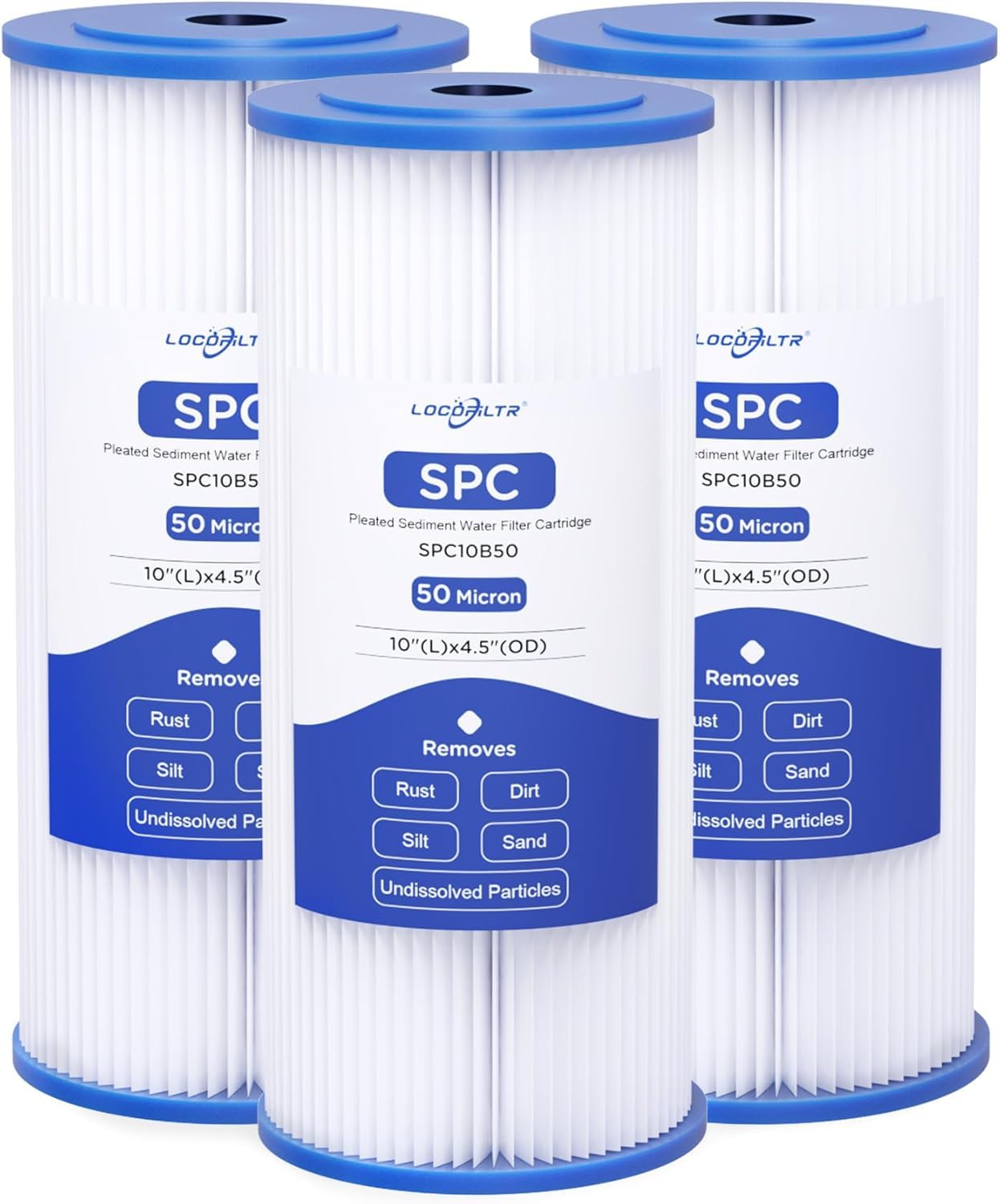 Locofiltr W50PEHD pleated sediment filter 10x4.5 demonstrates enhanced dirt-holding capacity for clear water.
