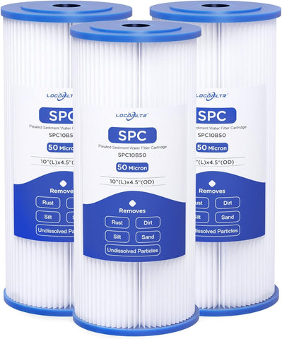Locofiltr W50PEHD pleated sediment filter 10x4.5 demonstrates enhanced dirt-holding capacity for clear water.