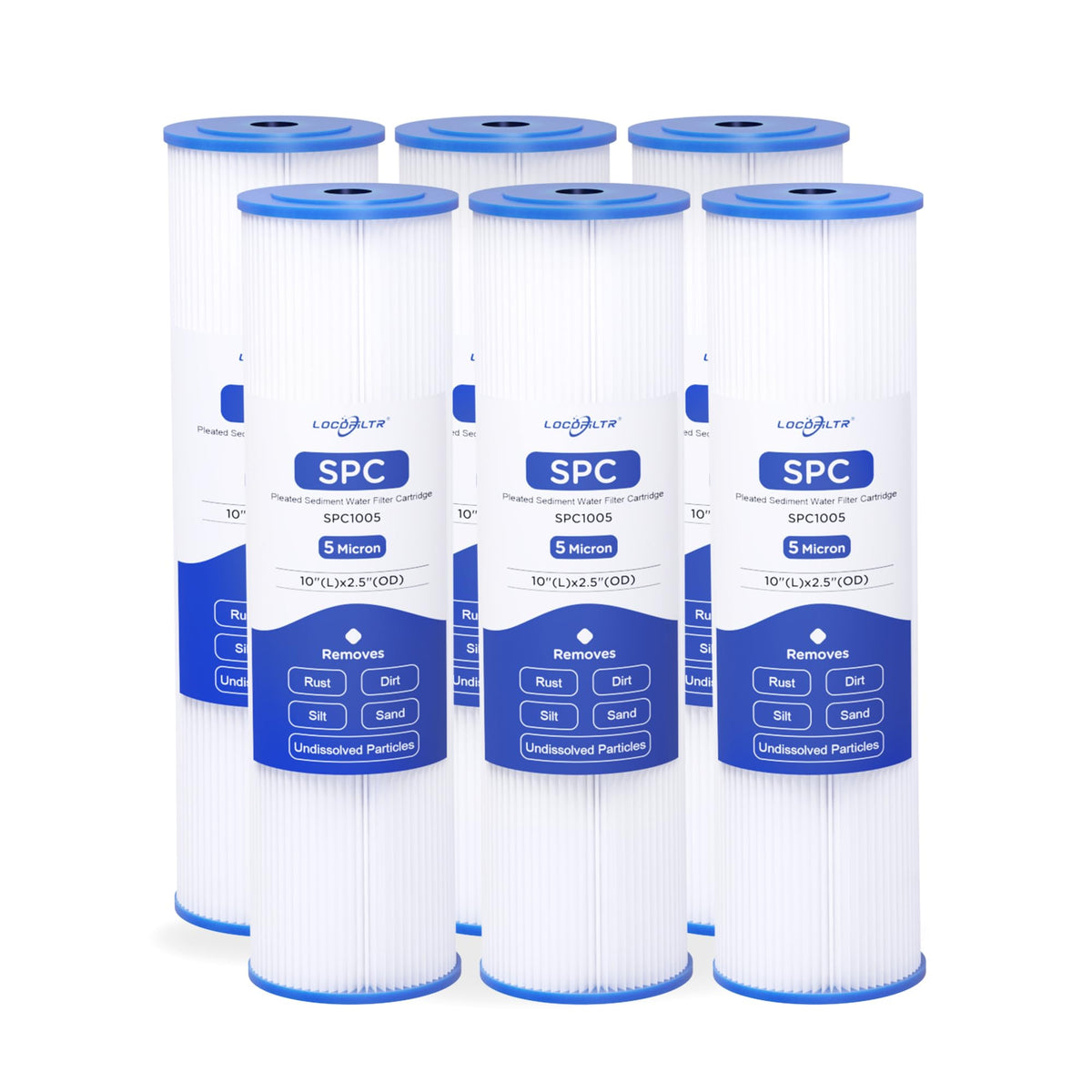 Locofiltr 5-micron pleated sediment cartridge in 10x2.5 housing for durable city and well water filtration.