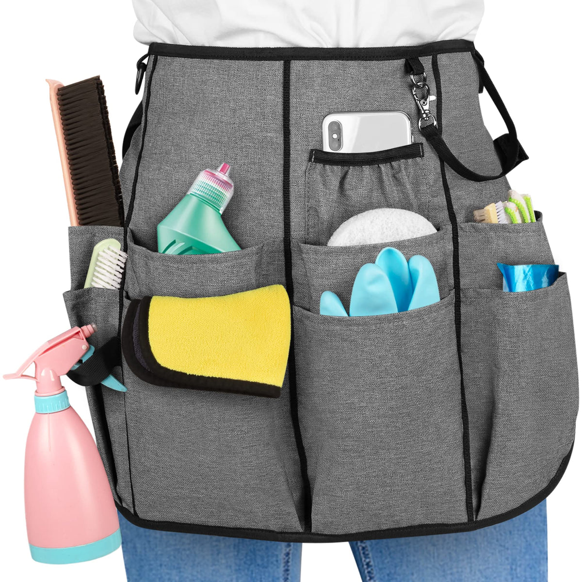 LoDrid cleaning apron with 9 pockets keeps rags and tools within easy reach during home cleaning.