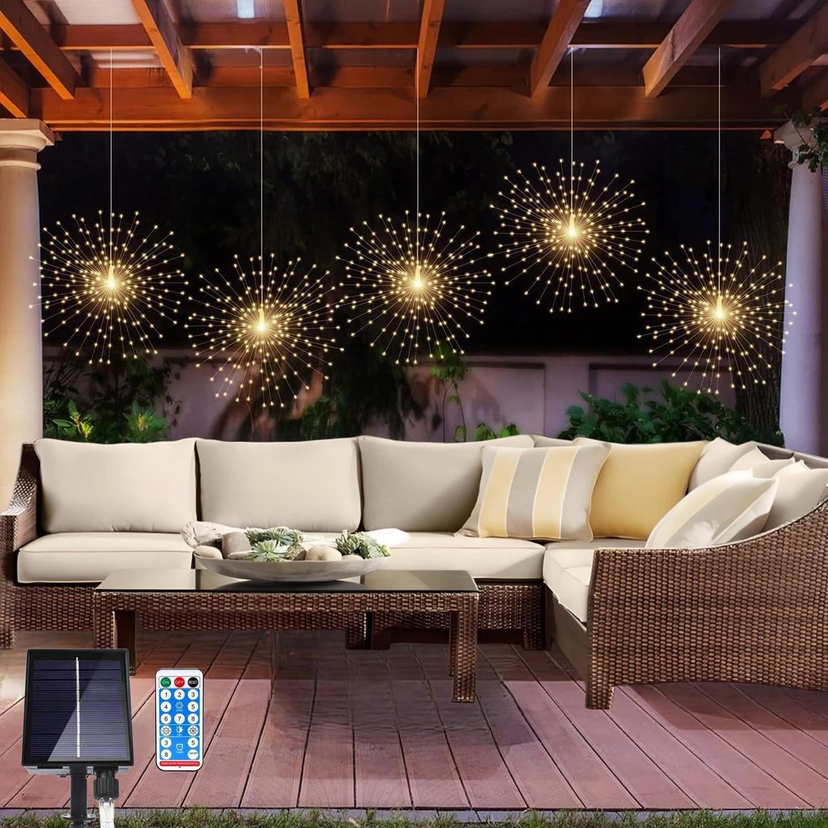 LOFTOLMEA 5-pack solar firework lights front view, ideal for outdoor party ambience.