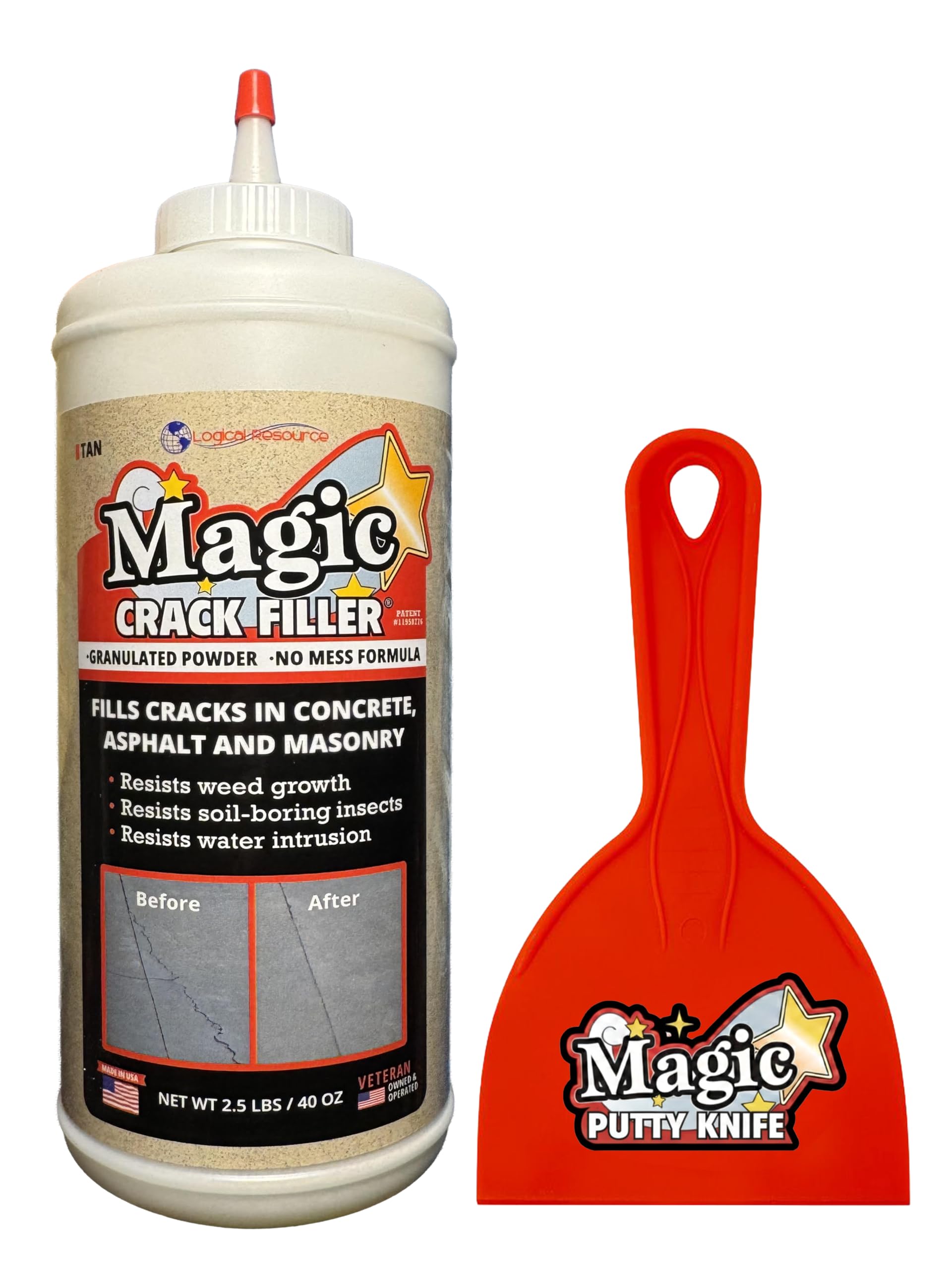 Logical Resource Magic Crack Filler bottle for easy, mess-free concrete crack repairs.