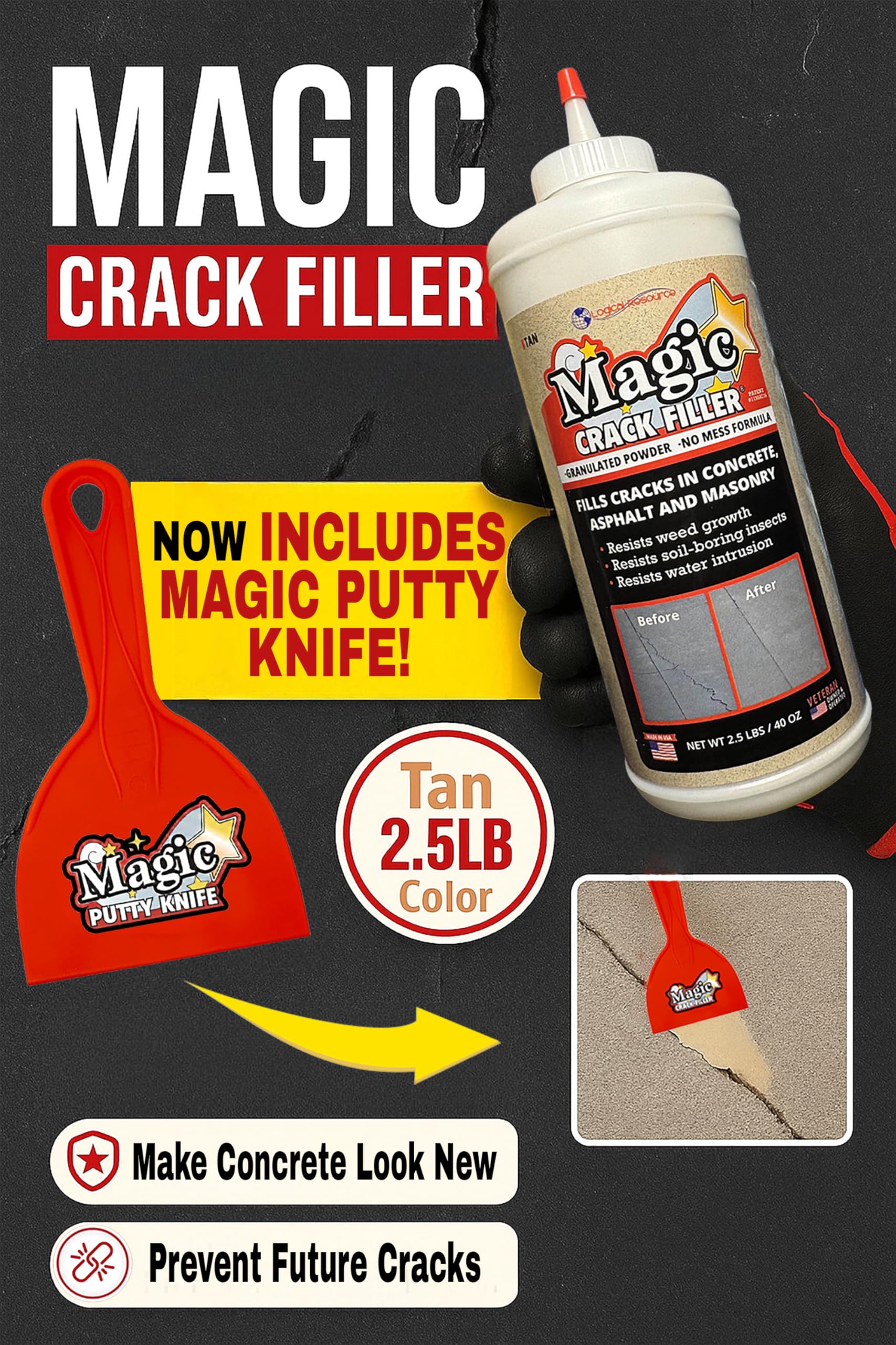 Logical Resource Magic Crack Filler spreader for even, smooth crack filling on concrete.