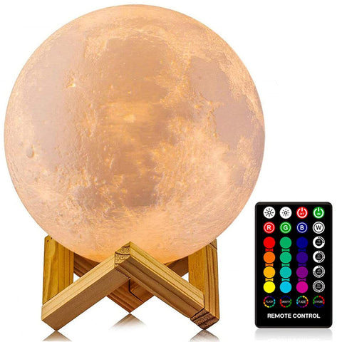 LOGROTATE Moon Lamp on its stand casting gentle ambient light in a bedroom