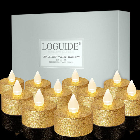 LOGUIDE battery-operated LED tea lights glow gold for romance and table decor.