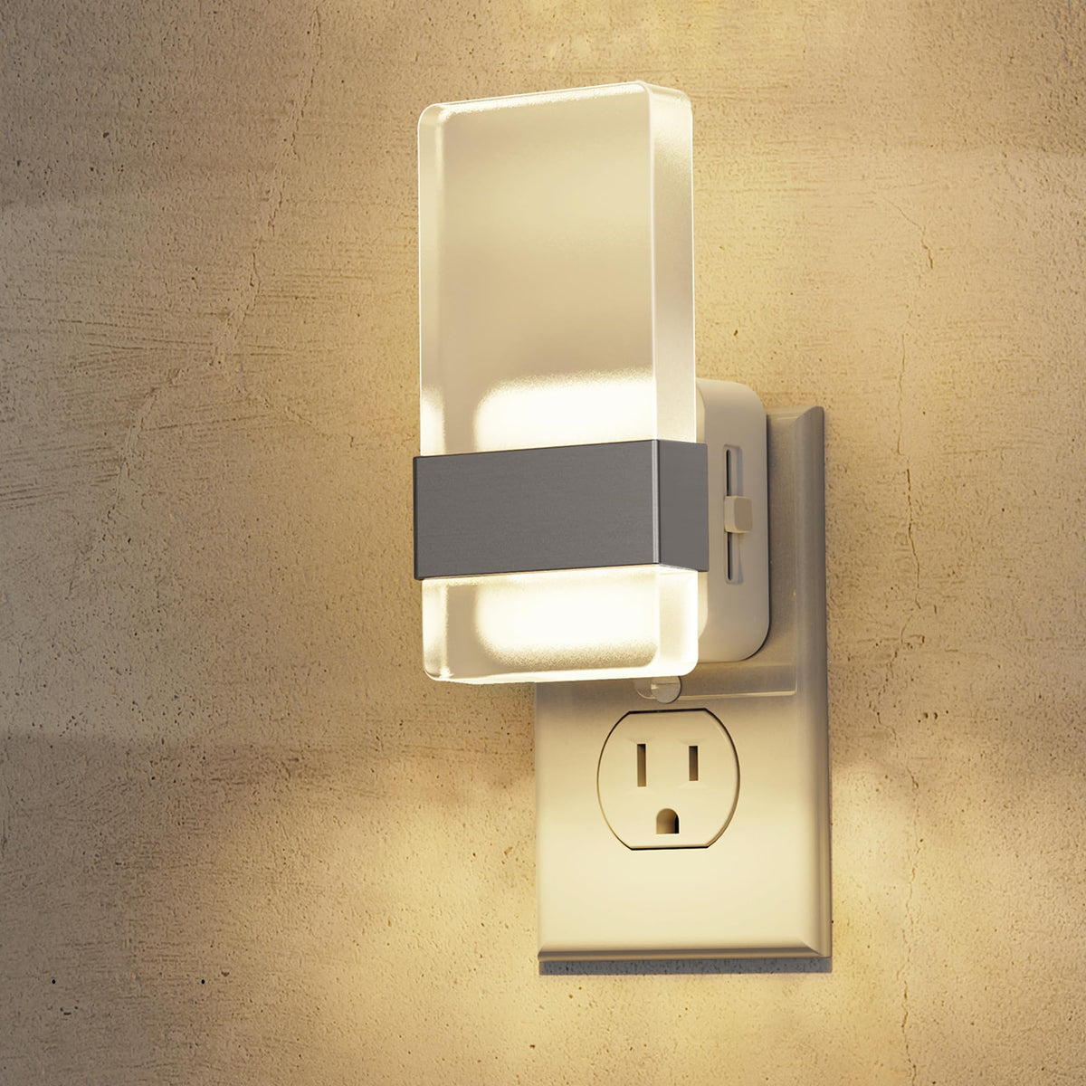 L LOHAS LED night light with matte silver ring for a soft ambient glow in bedrooms