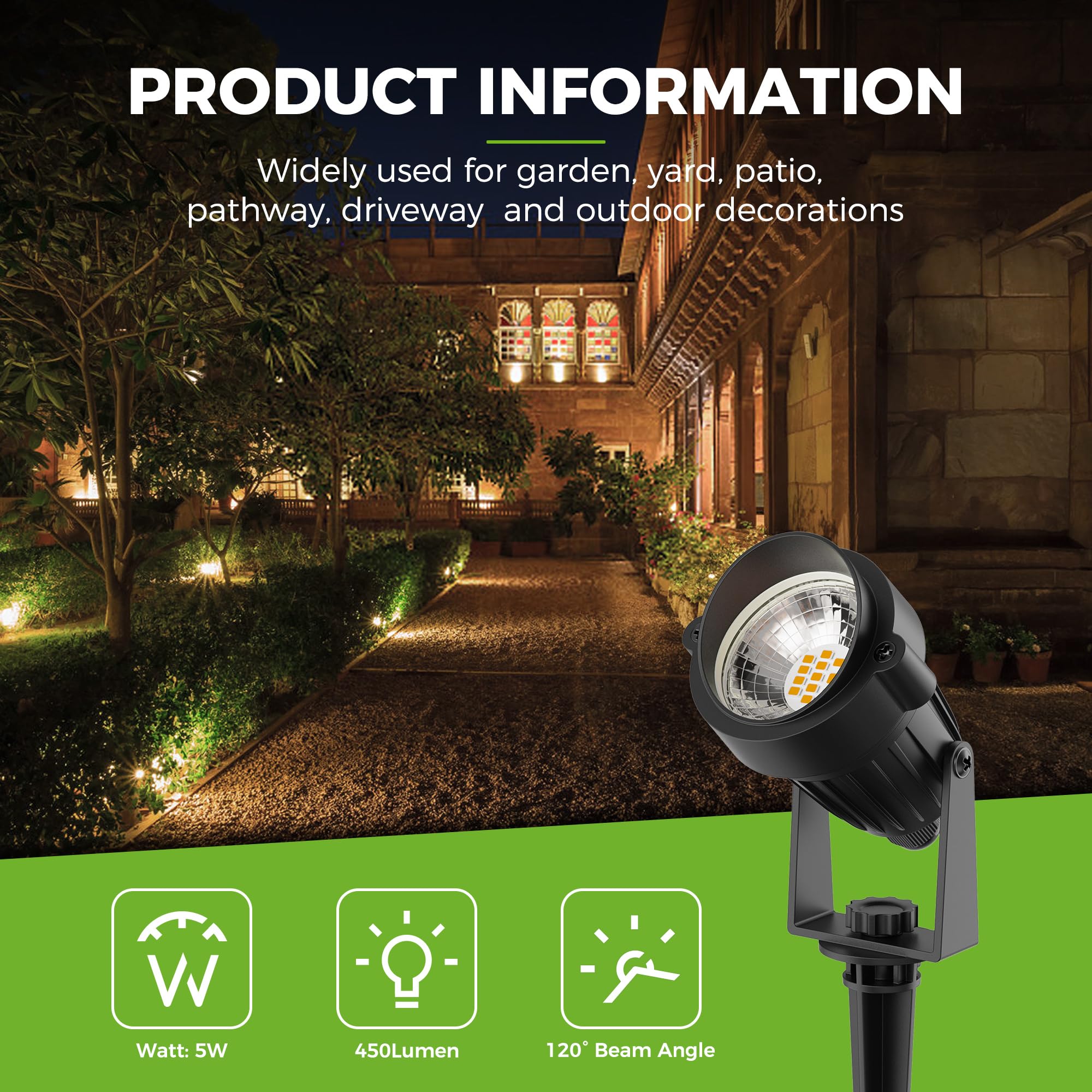 L LOHAS LED spotlight rotates 360 degrees to cover trees and pathways