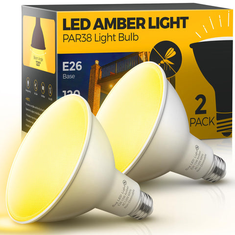 L LOHAS LED yellow bug light bulb outdoors creates amber glow while deterring insects.