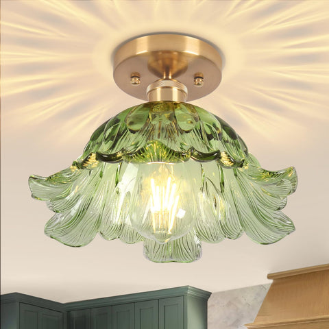 Loiogohot semi-flush mount with green glass shade for a warm hallway ambiance.