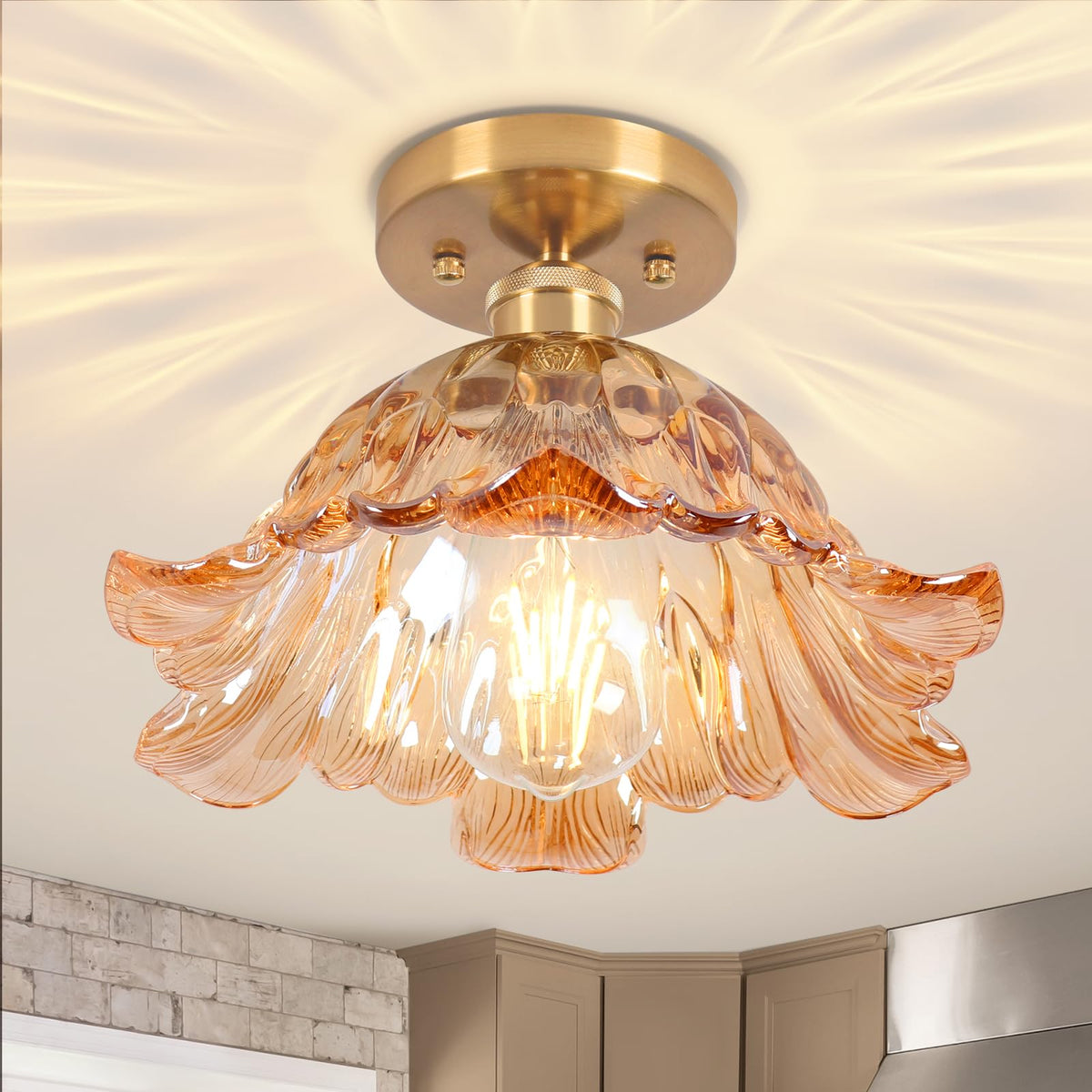 Loiogohot semi-flush mount light in green finish provides warm ambient illumination for hallways.