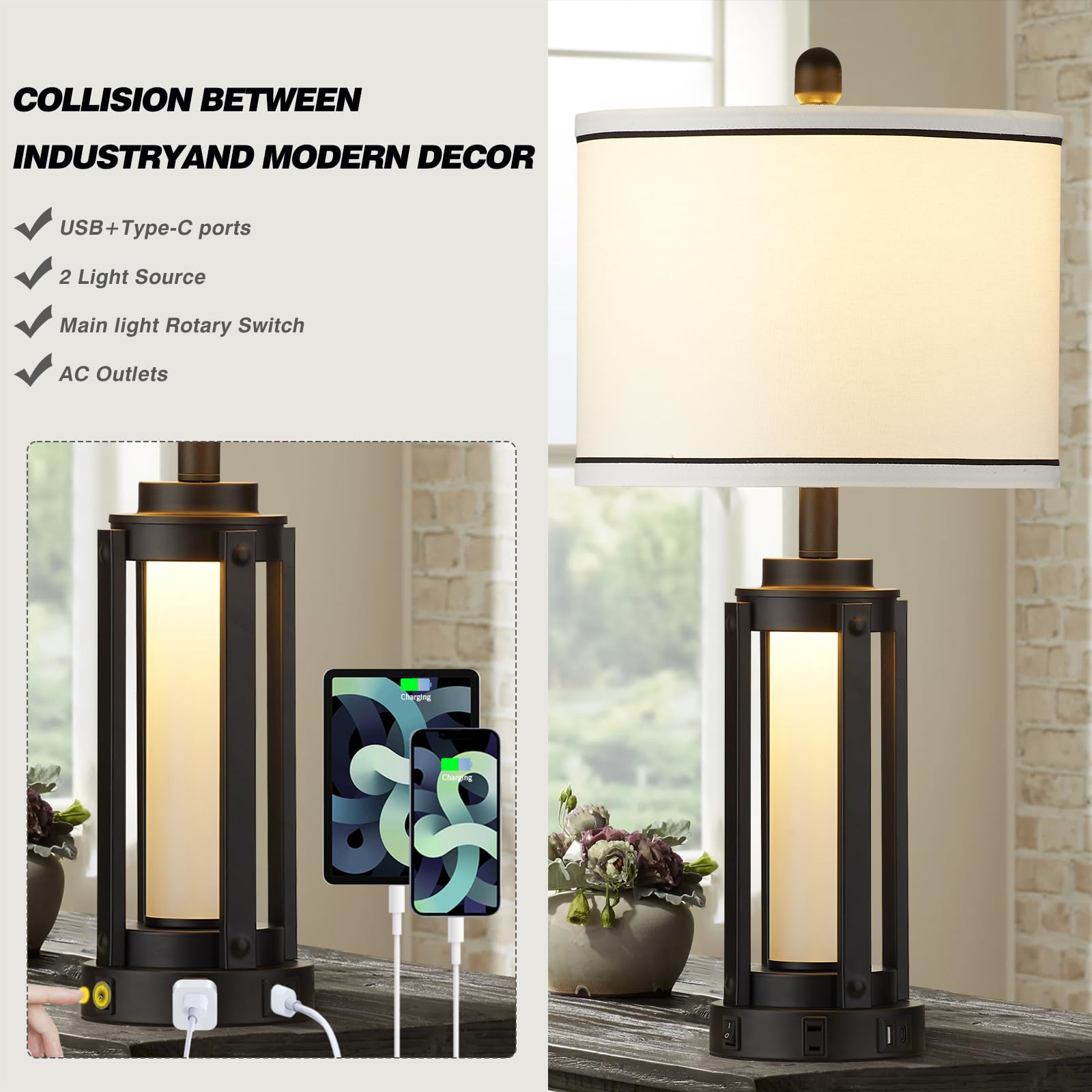 Lolikit industrial-modern design with black metal stand and fabric shade