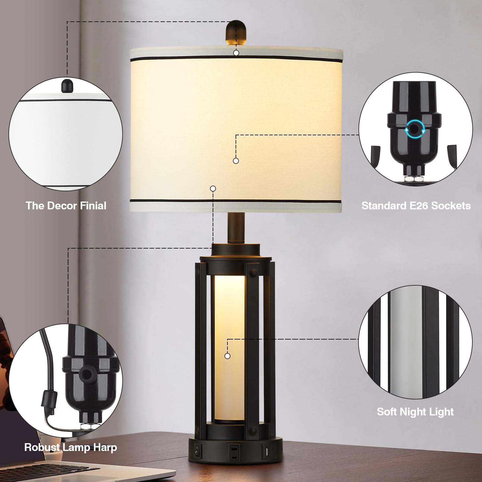 Lolikit lamps showing USB-C port and AC outlet for convenient charging