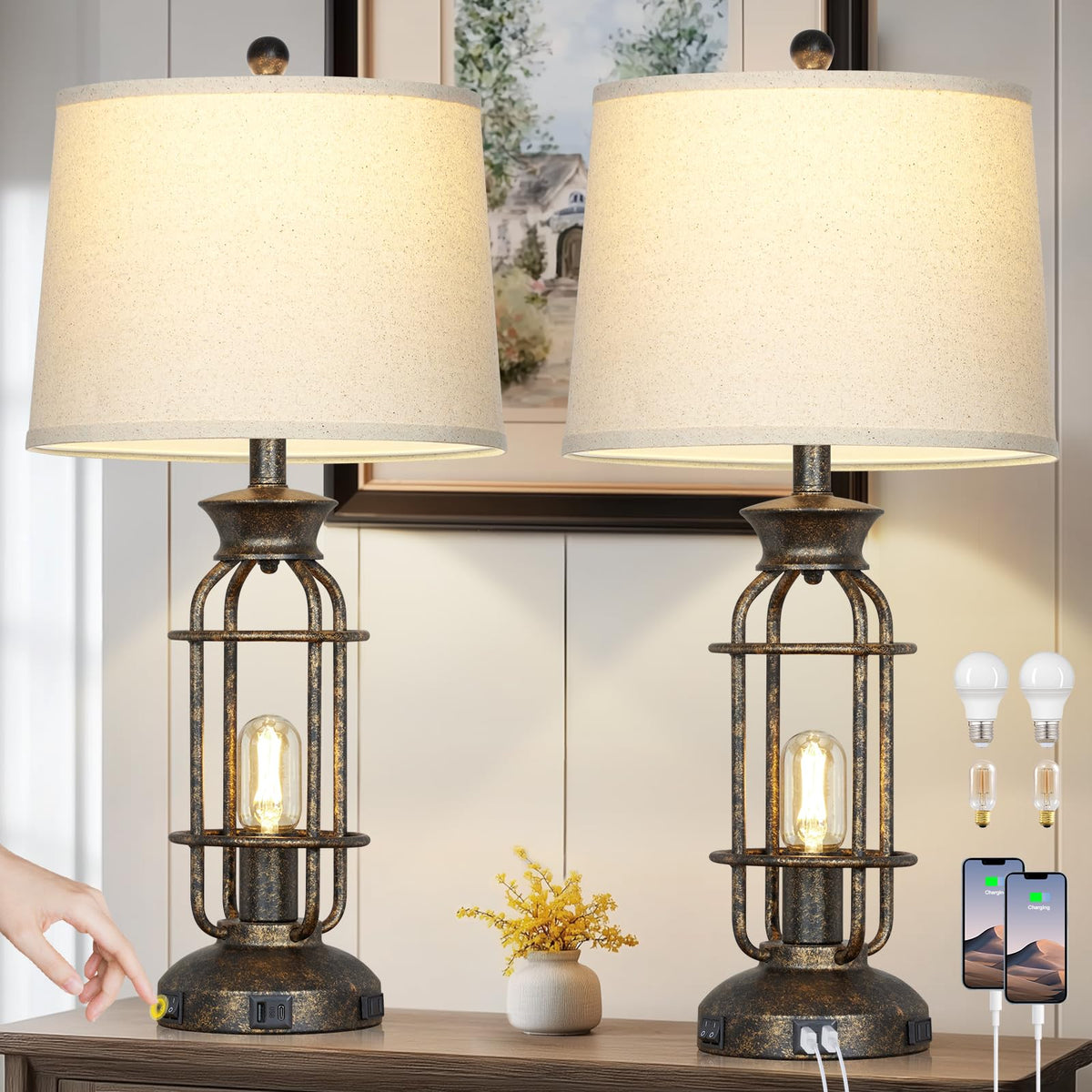 Lolokit 28-inch vintage lamps pair in living room for warm ambience.