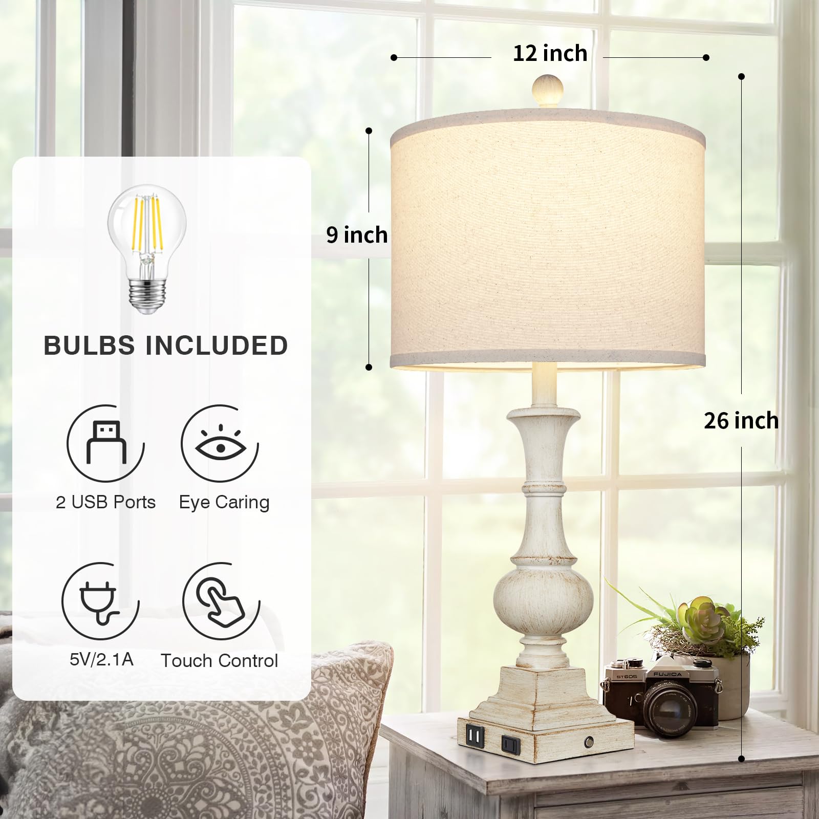 Lolokit table lamp USB ports and outlet ready for convenient bedside charging.