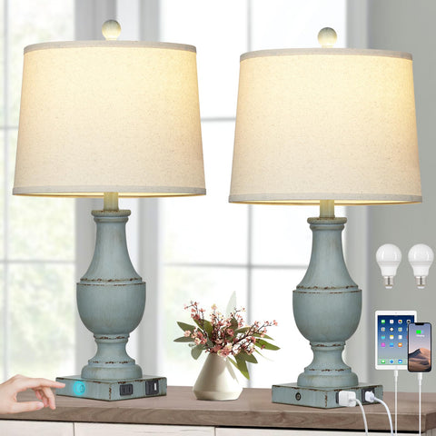 Lolokit farmhouse table lamps set of 2 with USB ports for bedside charging.