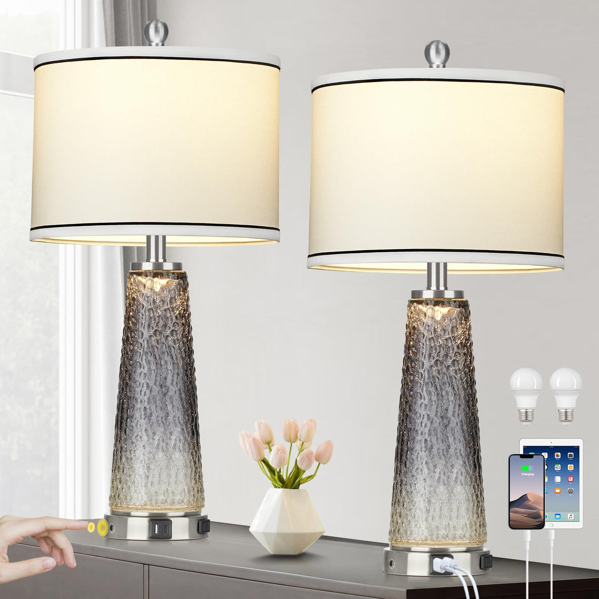 Lolokit glass table lamp set of 2 with USB ports for charging devices.