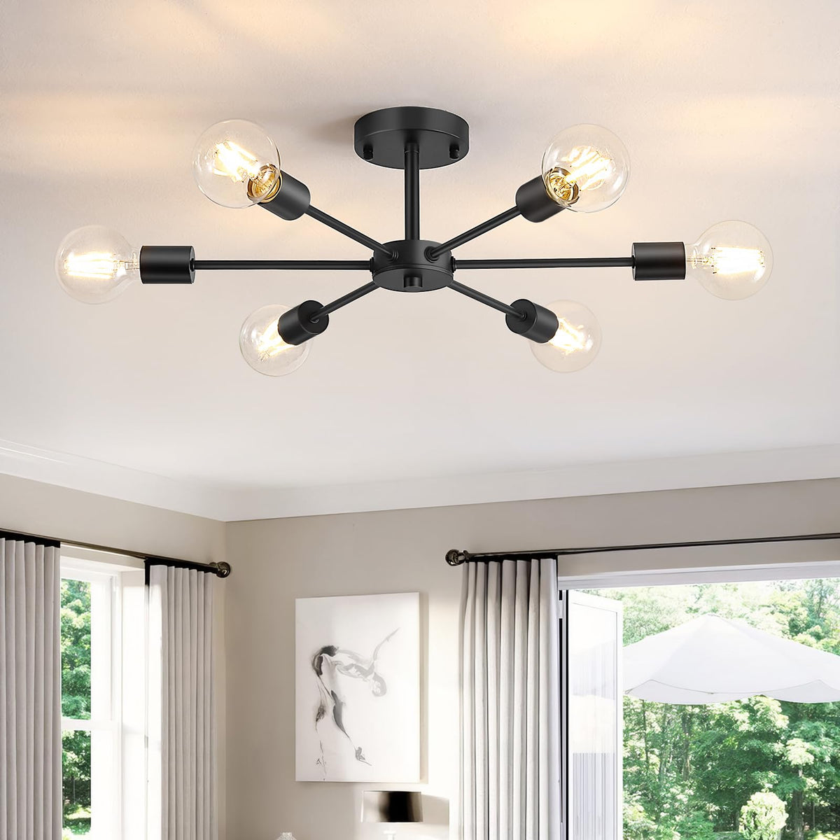 Lomoky 6-Lights Sputnik ceiling light in matte black for bright, even illumination.