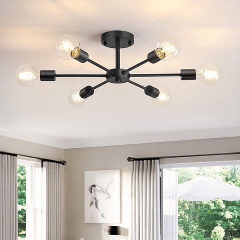 Lomoky 6-Lights Sputnik ceiling light in matte black for bright, even illumination.