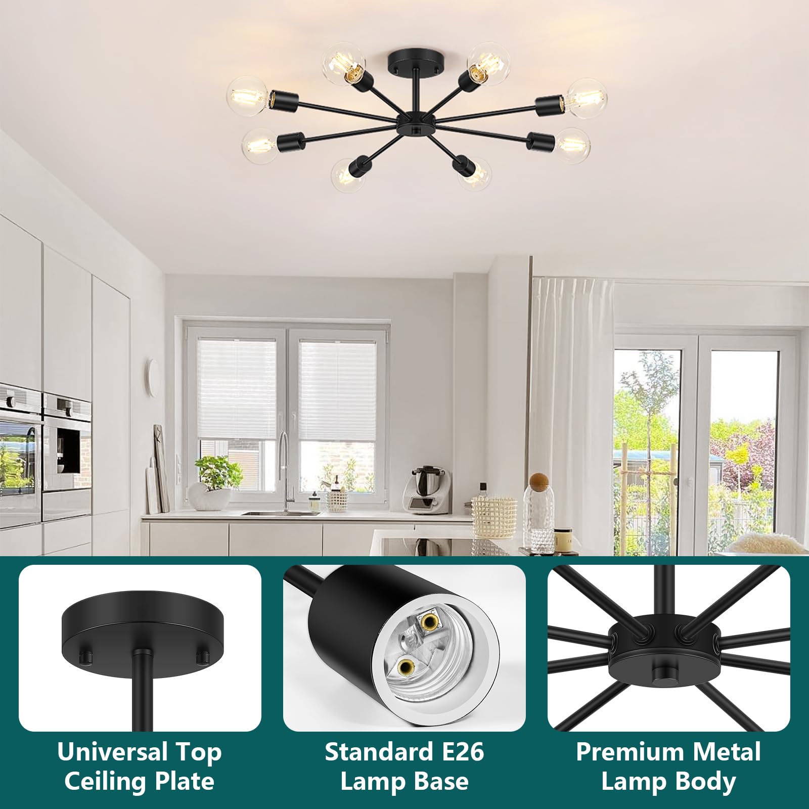 Lomoky matte black Sputnik arm assembly—modern silhouette enhances dining spaces.