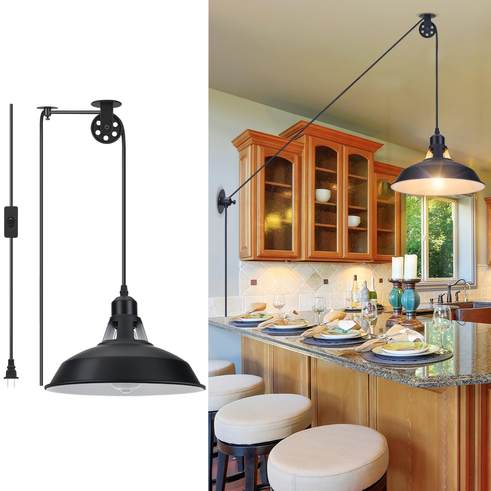 Lomoky plug-in pulley light with barn black shade for warm kitchen island illumination.