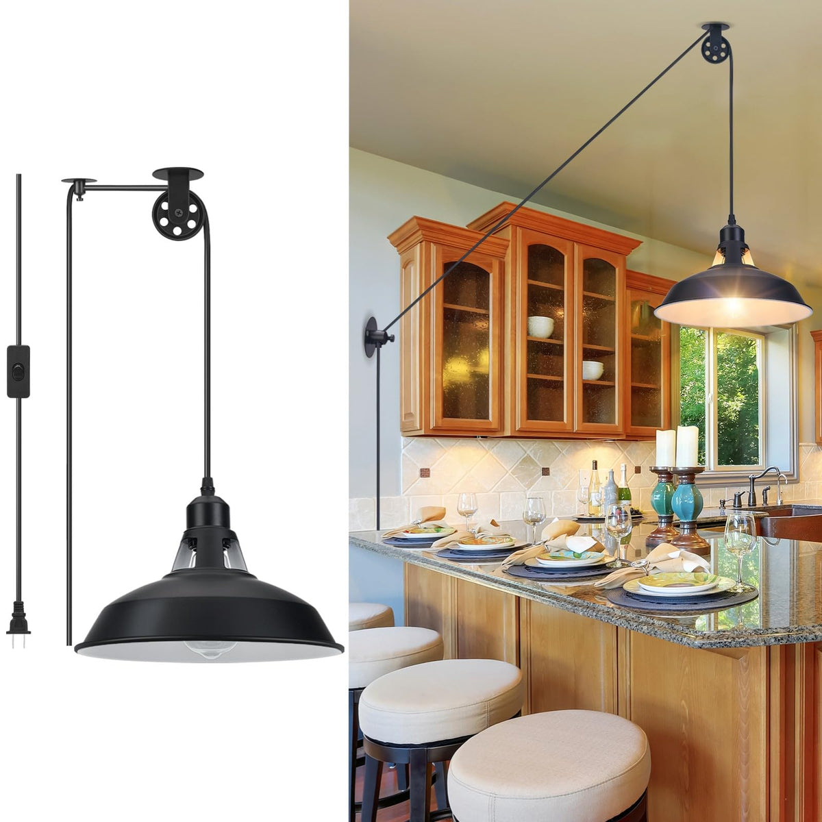 Lomoky plug-in pulley light with barn black shade for warm kitchen island illumination.