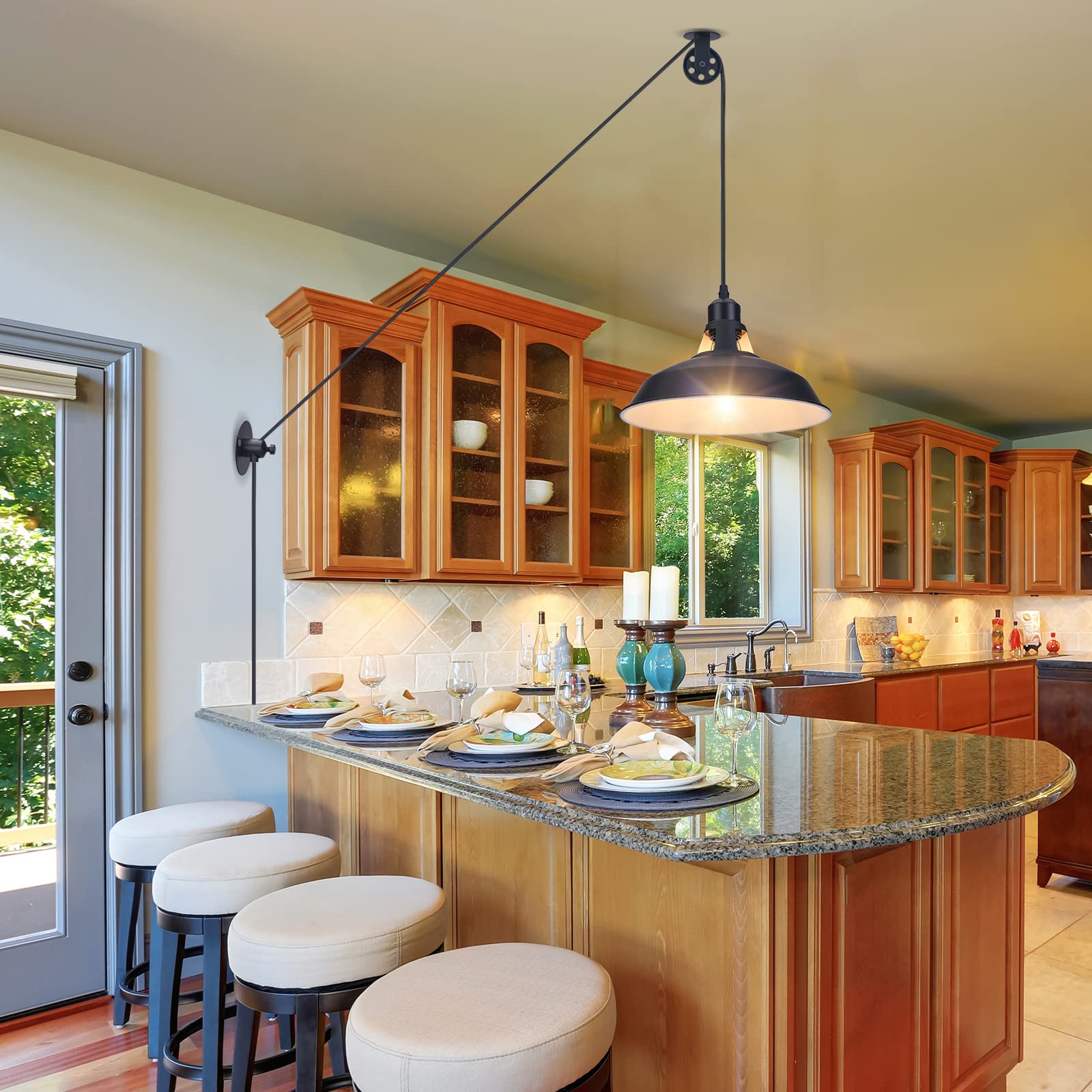Lomoky plug-in pulley light on installation-ready setup over a counter.