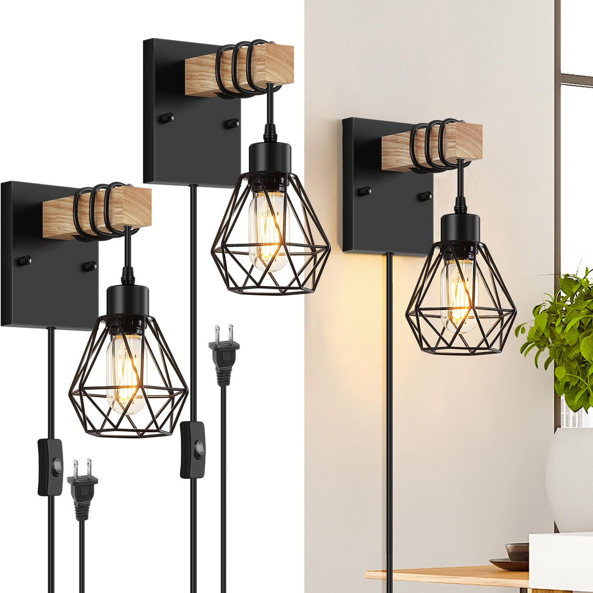 Lomoky plug-in wall sconces set with matte black metal bases ideal for living rooms.