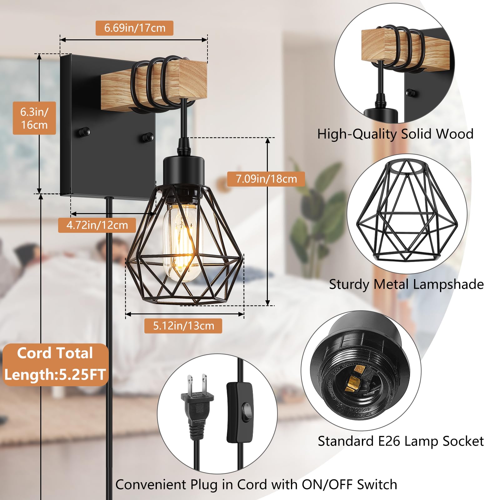 Lomoky wooden base with diamond cage lampshade creates retro ambience.